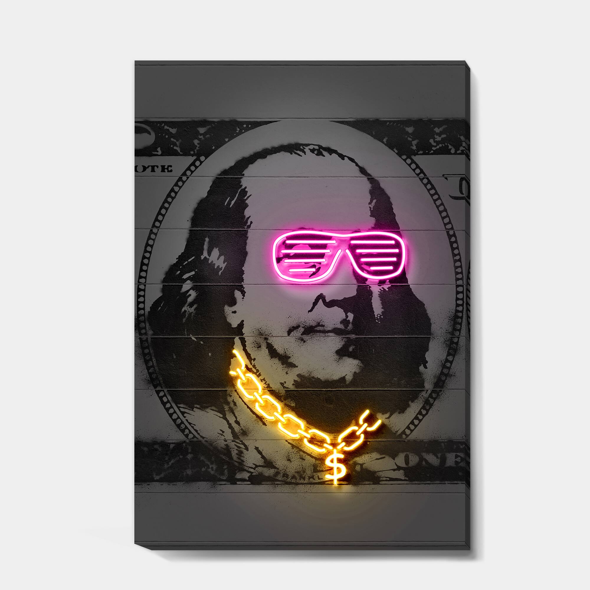 Designart - Benjamin Franklin Neon Rap - Modern & Contemporary Canvas Artwork